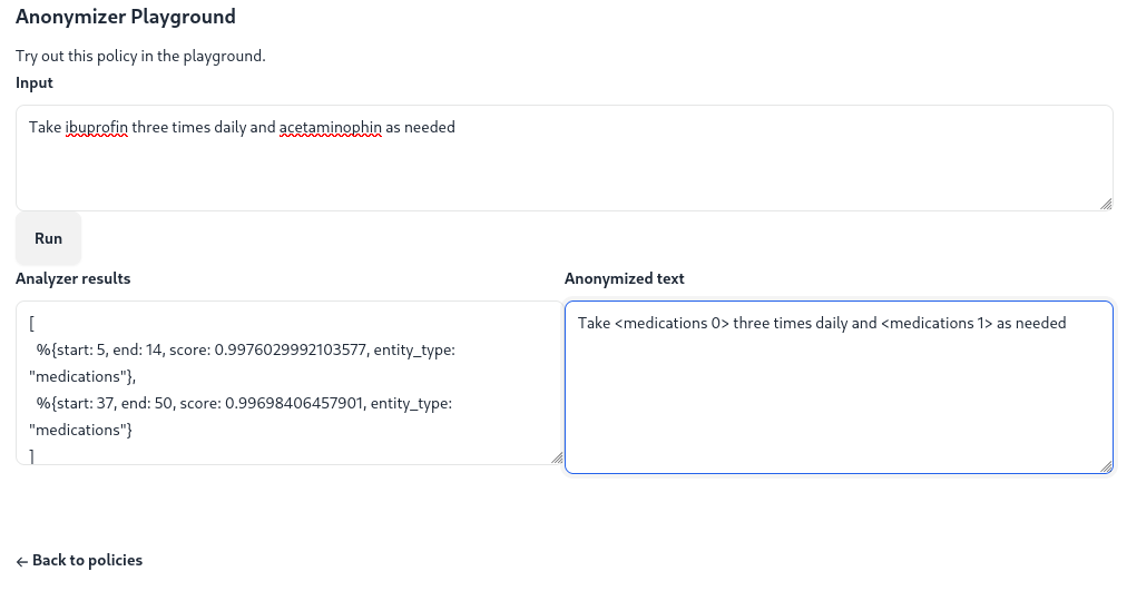 Sanity checking that the policy correctly redacts medication names "ibuprofin" and "acetaminophin" (s.p.)