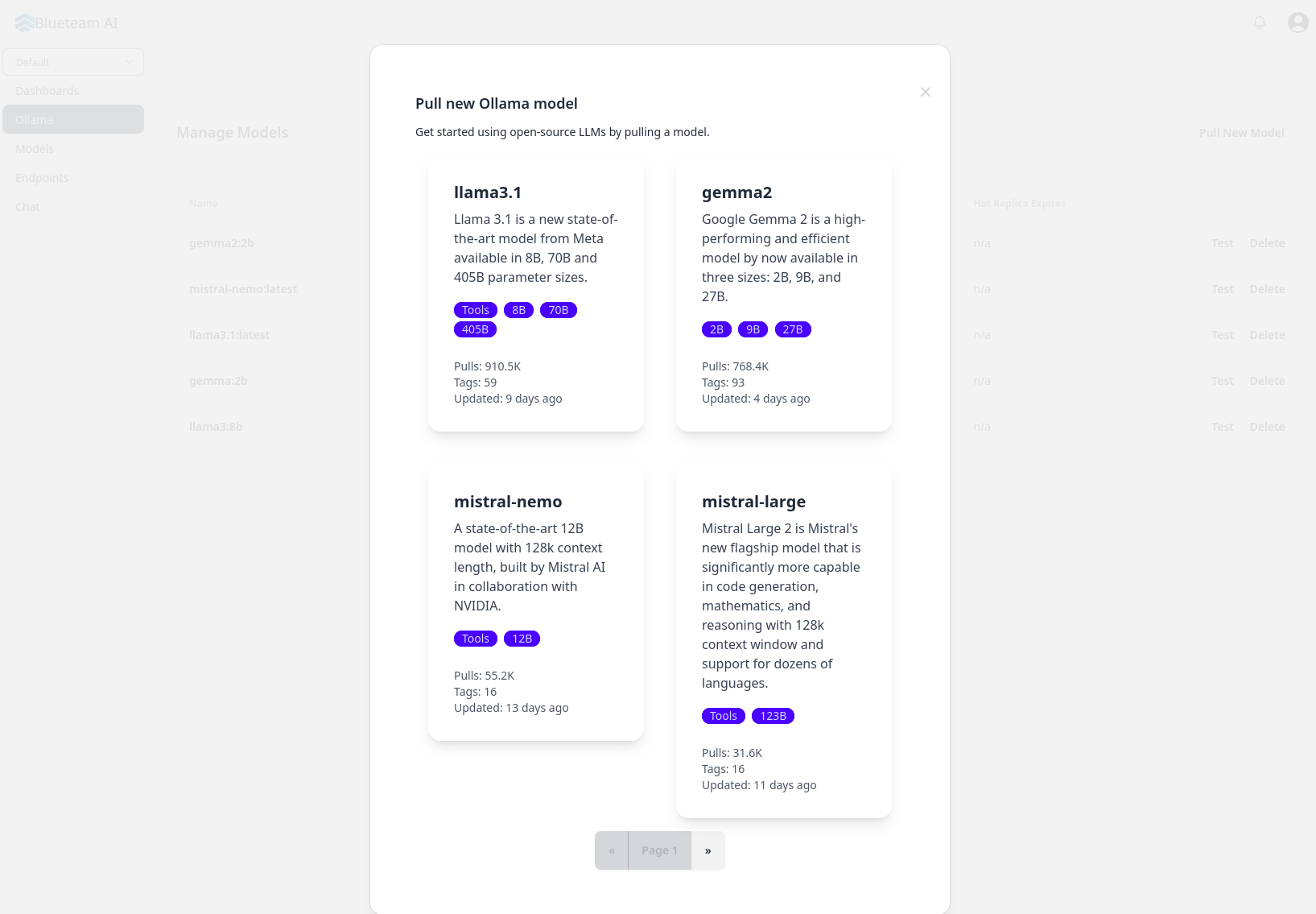 A screenshot of the model catalog from Blueteam's low-code management platform