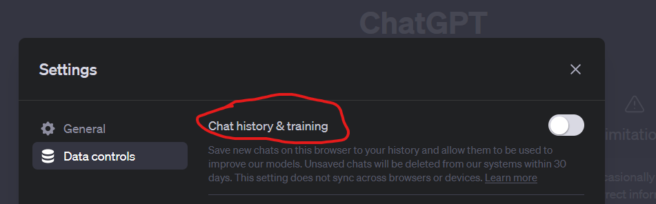 Screenshot of ChatGPT's data controls settings.